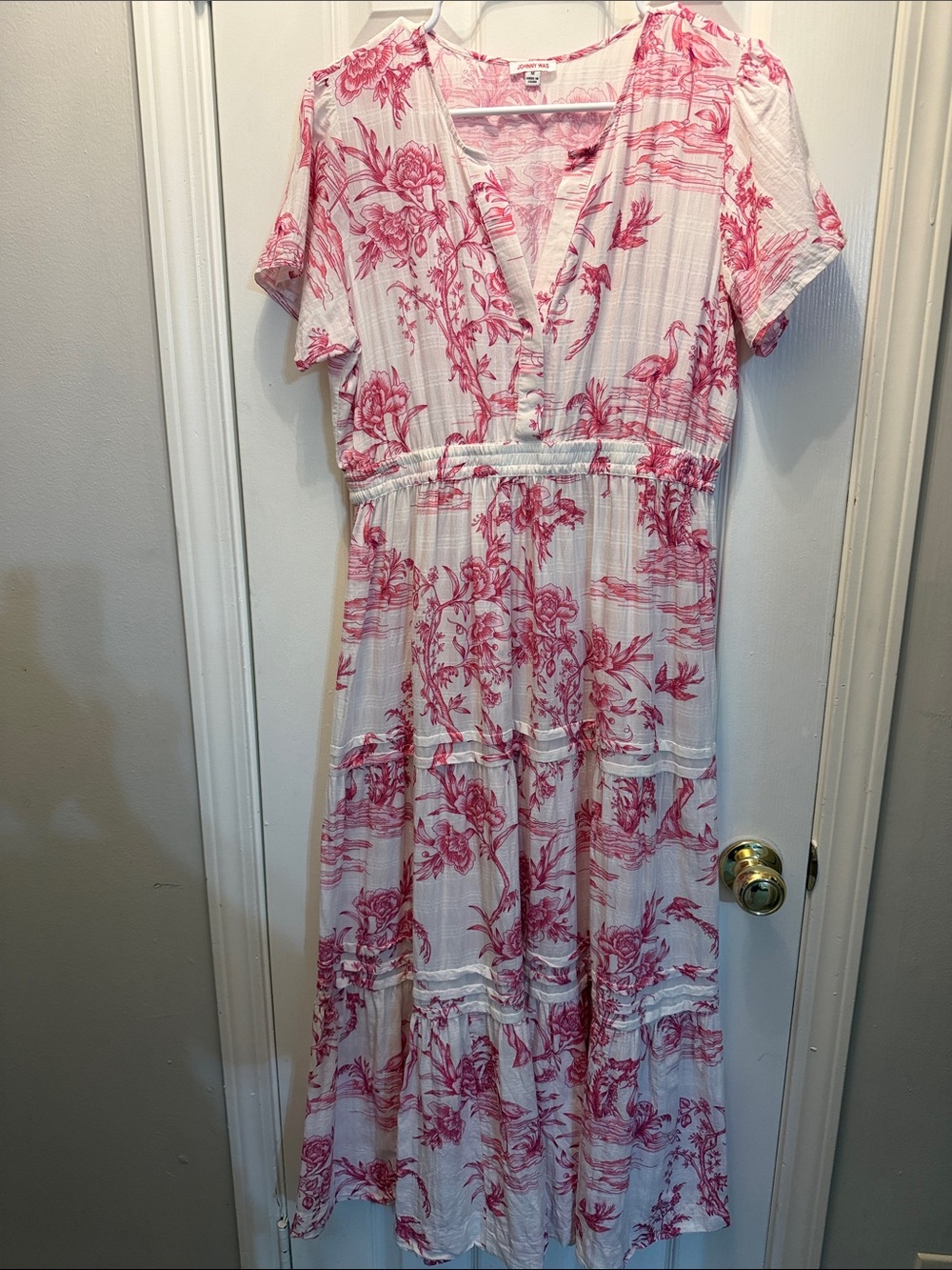 Johnny Was White Maxi Dress with Pink Toile Floral Print